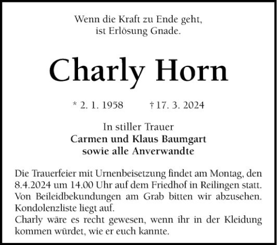 Traueranzeige von Charly Horn von Schwetzinger Zeitung