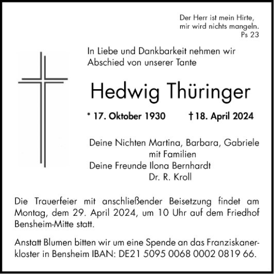Traueranzeige von Hedwig Thüringer von Bergsträßer Anzeiger