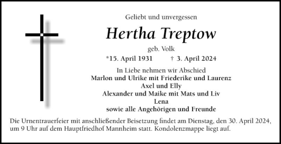 Traueranzeige von Hertha Treptow von Mannheimer Morgen